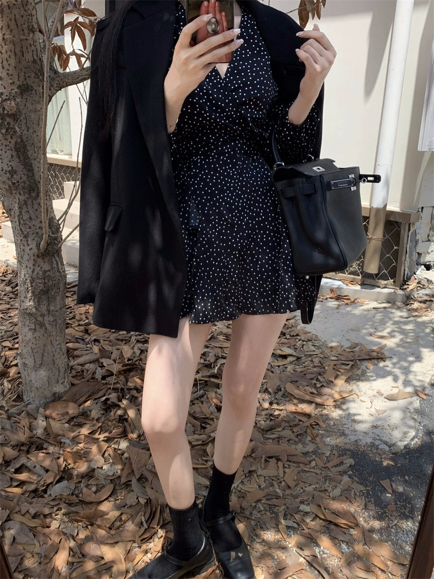 Elegant Black Polka Dot Long Sleeve Wrap Dress