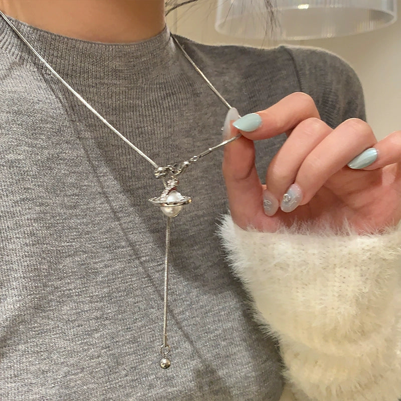 Silver Saturn Planet Lariat Necklace