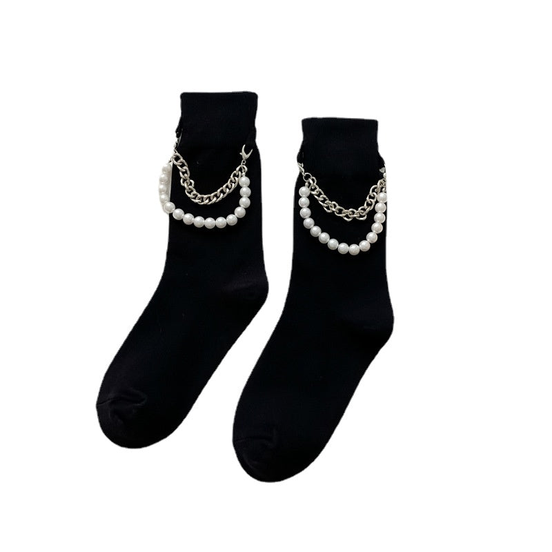 Black Punk Pearl Chain Socks