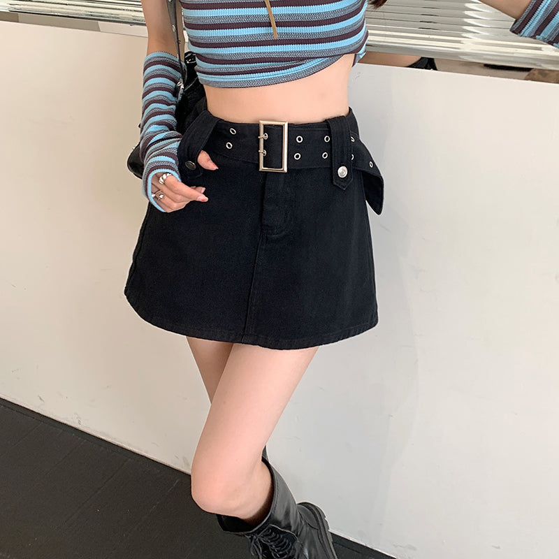Hight Wais Belt Denim Skirt