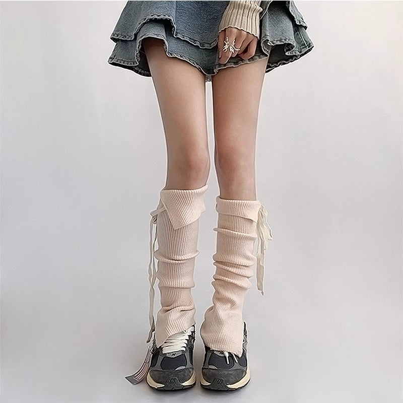 Cozy Knit Ribbed Slouchy Tie-Up Socks