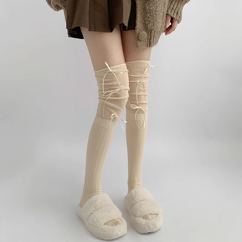 Stylish Gray Over-Knee Ribbon Socks