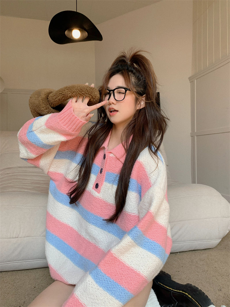 Purplish Pinkie Stripe Knit Sweater