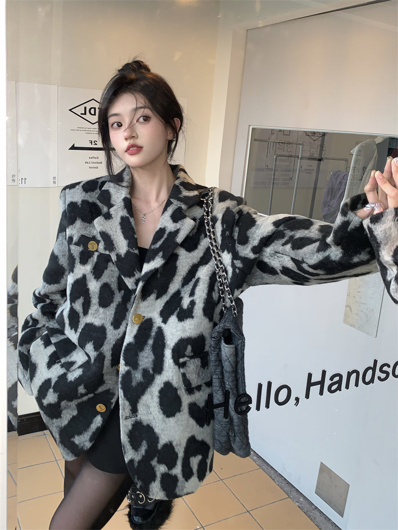 Leopard Print Woolen Jacket
