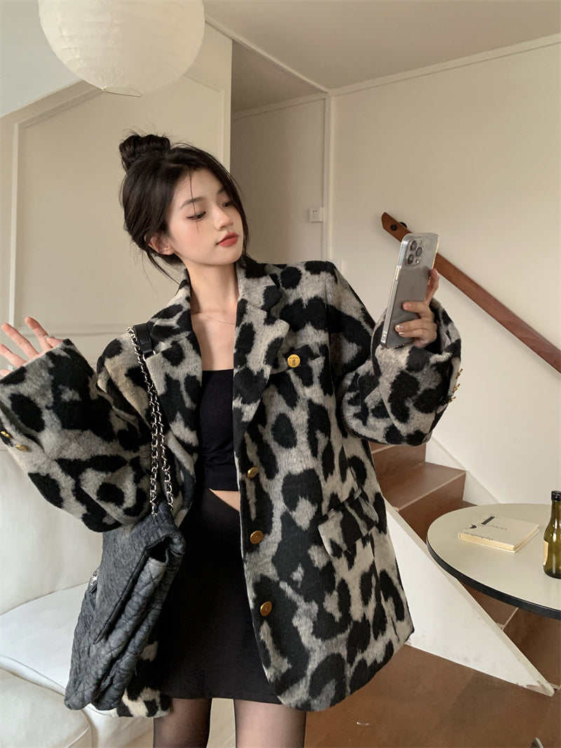 Leopard Print Woolen Jacket
