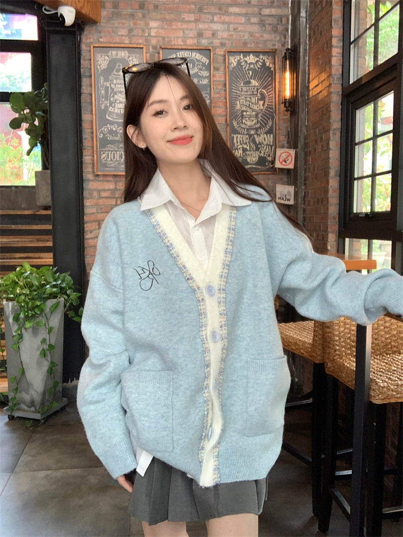 Embroidered Floral Cloud Blue Cardigan