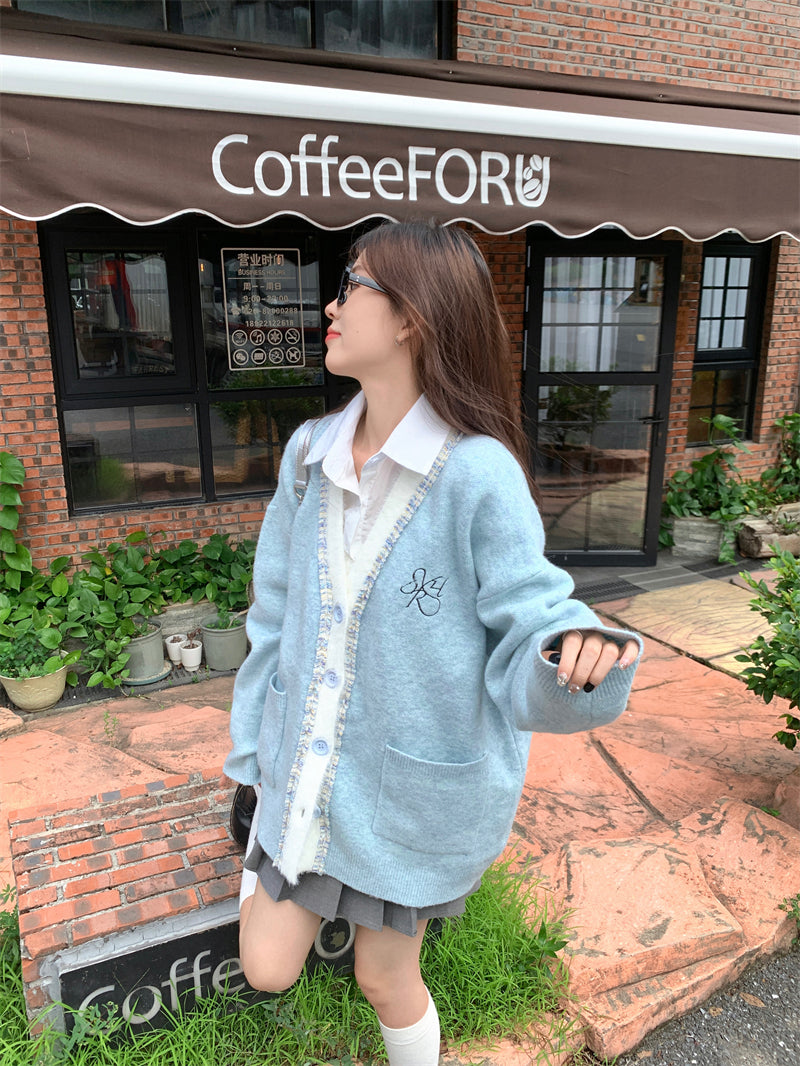 Embroidered Floral Cloud Blue Cardigan