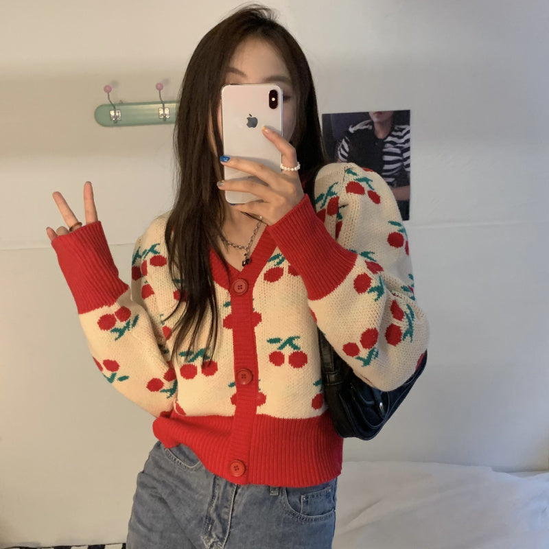 Red Cherry Cropped Cardigan