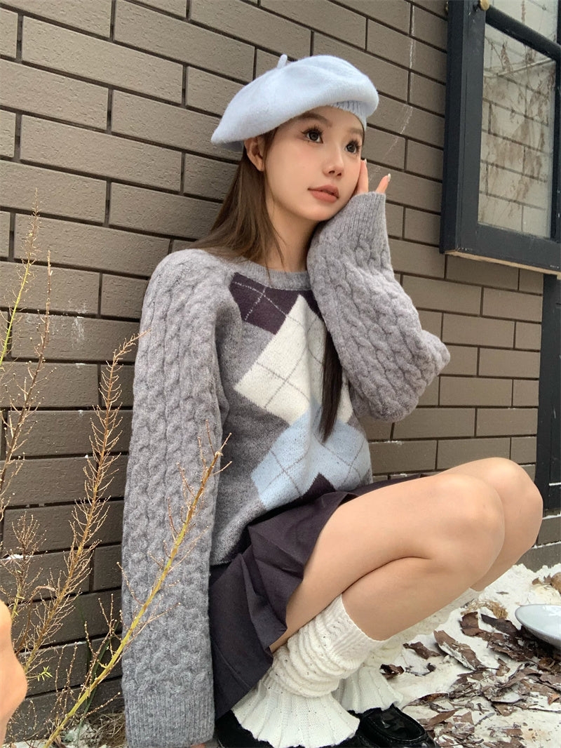 Nova Argyle Grey Knit Sweater