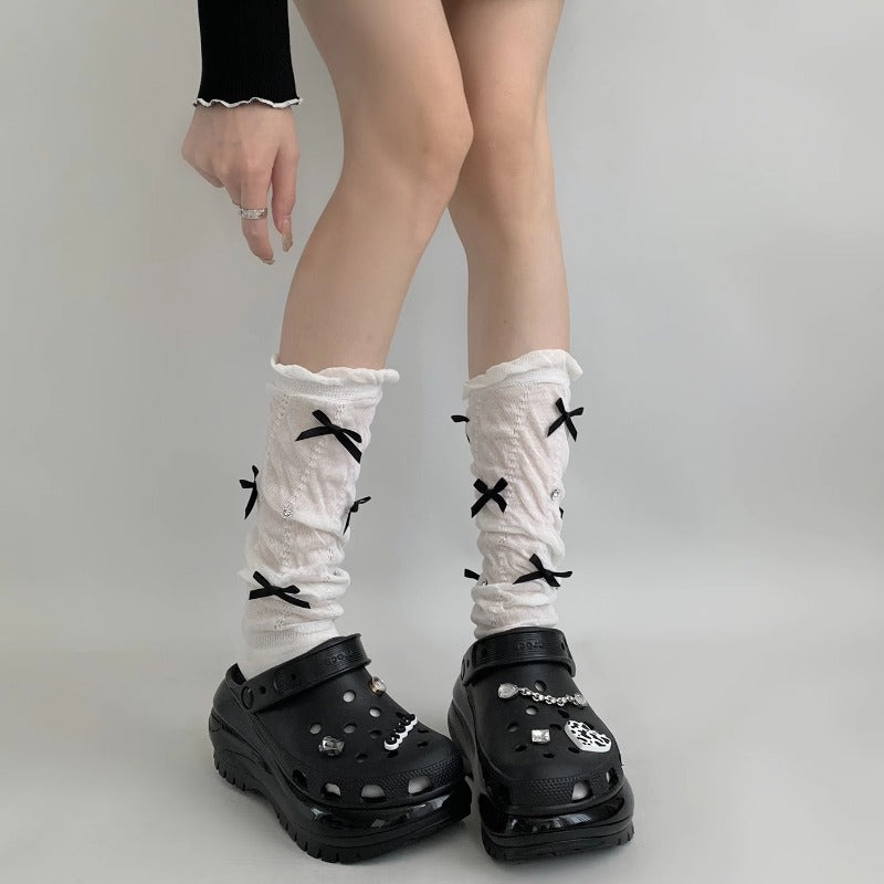 Unique Black Bow Accents Textured Socks