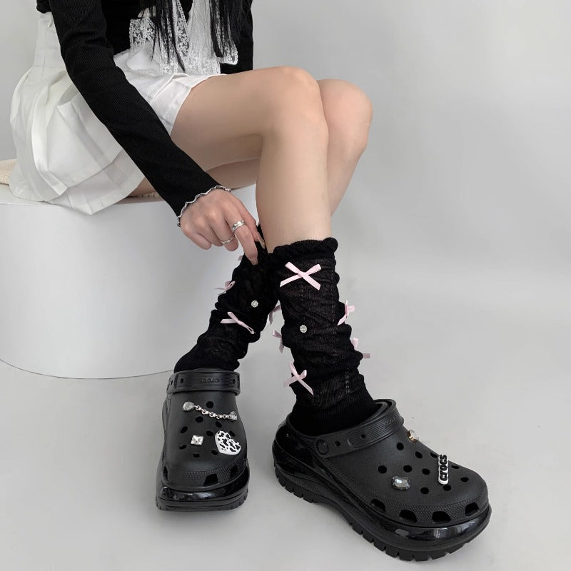 Unique Black Bow Accents Textured Socks