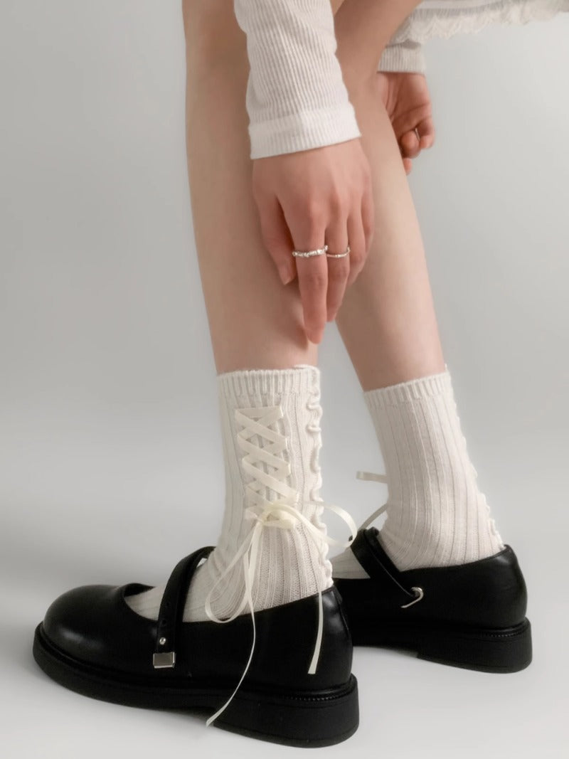 Elegant White Cable Knit Lace-Up Socks