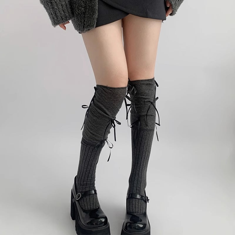 Stylish Gray Over-Knee Ribbon Socks