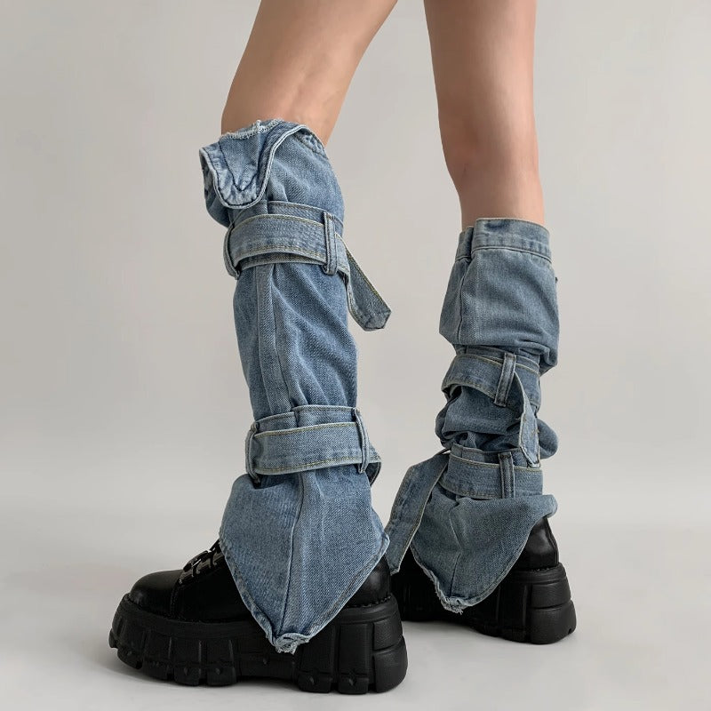Denim Buckle Strap Leg Warmers