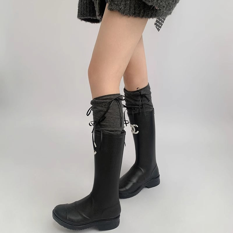Stylish Gray Over-Knee Ribbon Socks