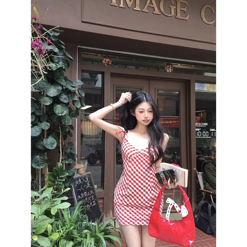 Red Gingham Tie-Strap Dress