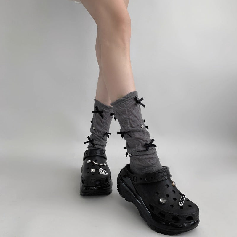 Unique Black Bow Accents Textured Socks