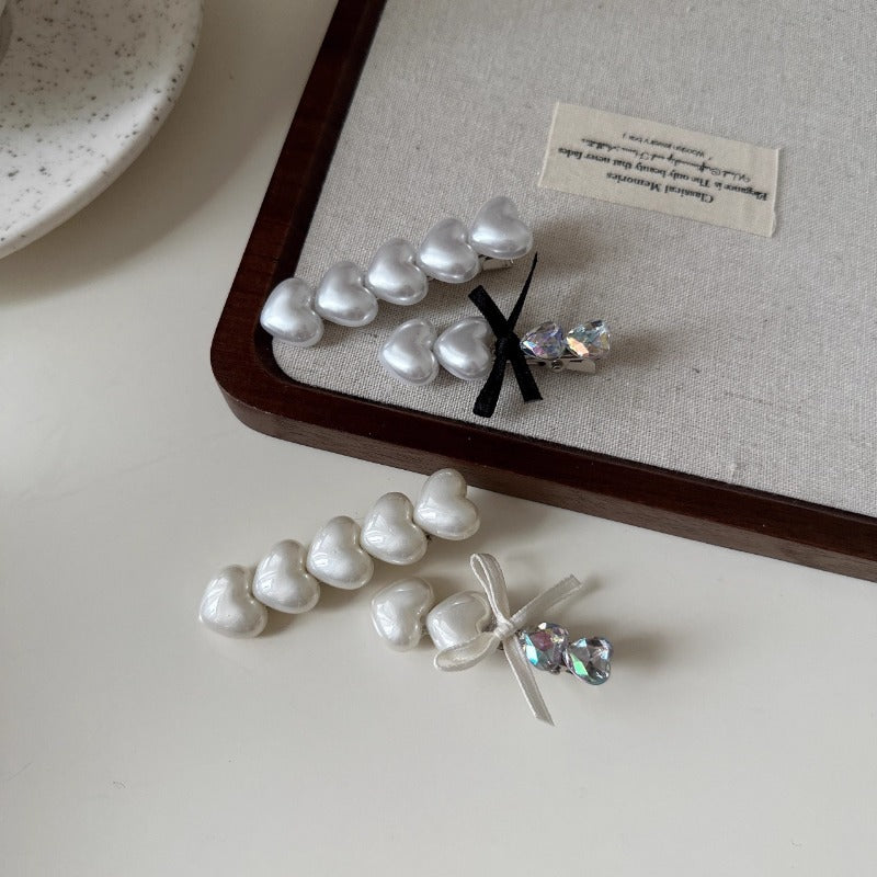 Pearl Heart Bow Clips