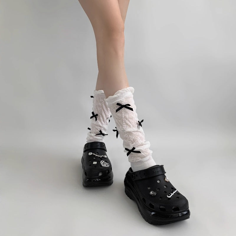 Unique Black Bow Accents Textured Socks