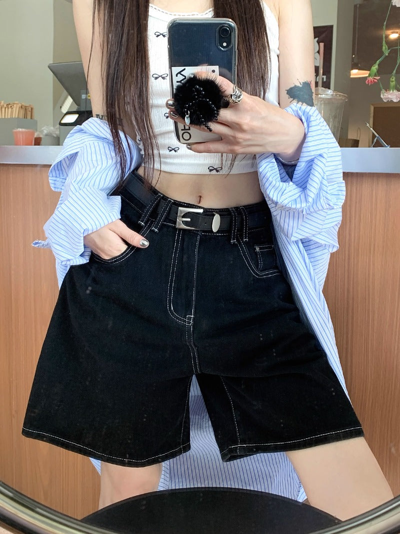 Casual High-Waisted Black Denim Shorts