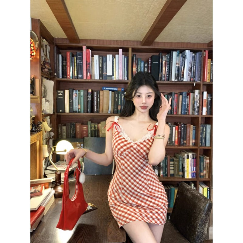 Red Gingham Tie-Strap Dress