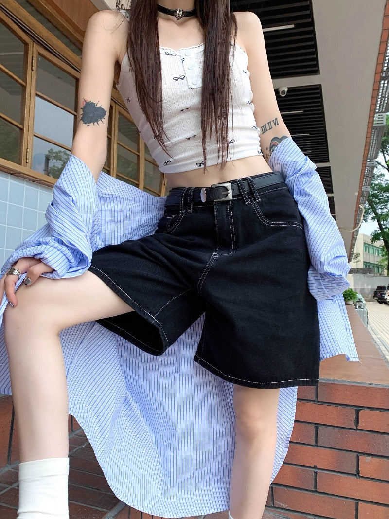 Casual High-Waisted Black Denim Shorts