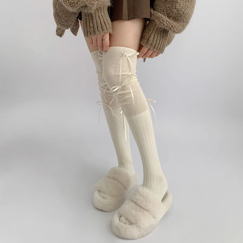 Stylish Gray Over-Knee Ribbon Socks