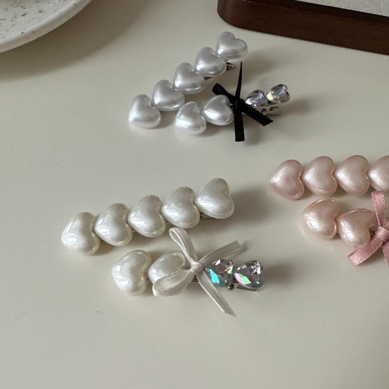 Pearl Heart Bow Clips