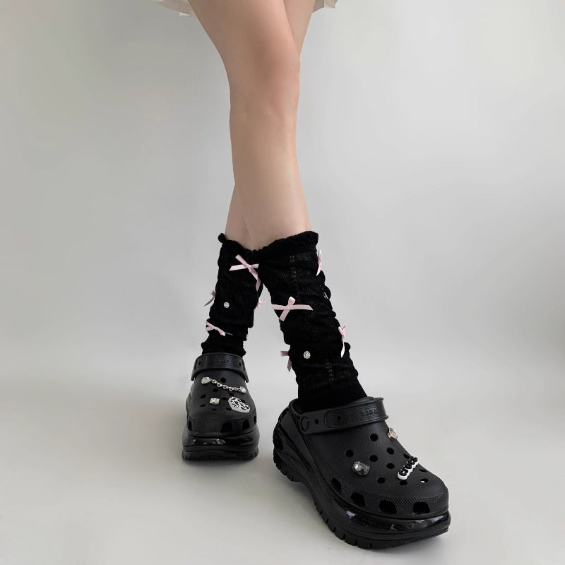 Unique Black Bow Accents Textured Socks