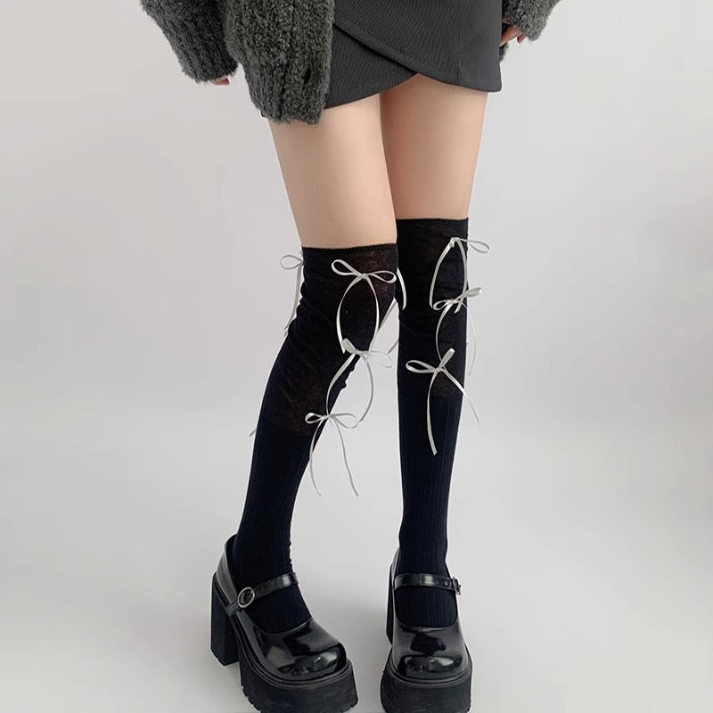 Stylish Gray Over-Knee Ribbon Socks