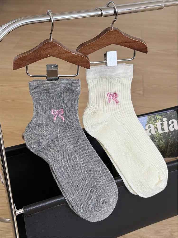 Cozy Bow-Embroidered Cotton Socks