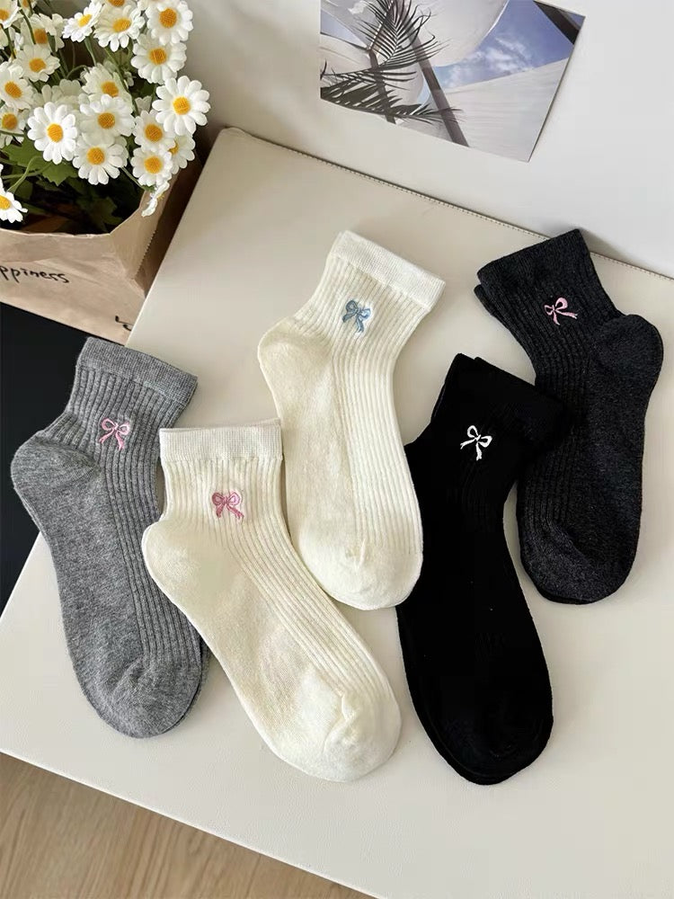 Cozy Bow-Embroidered Cotton Socks