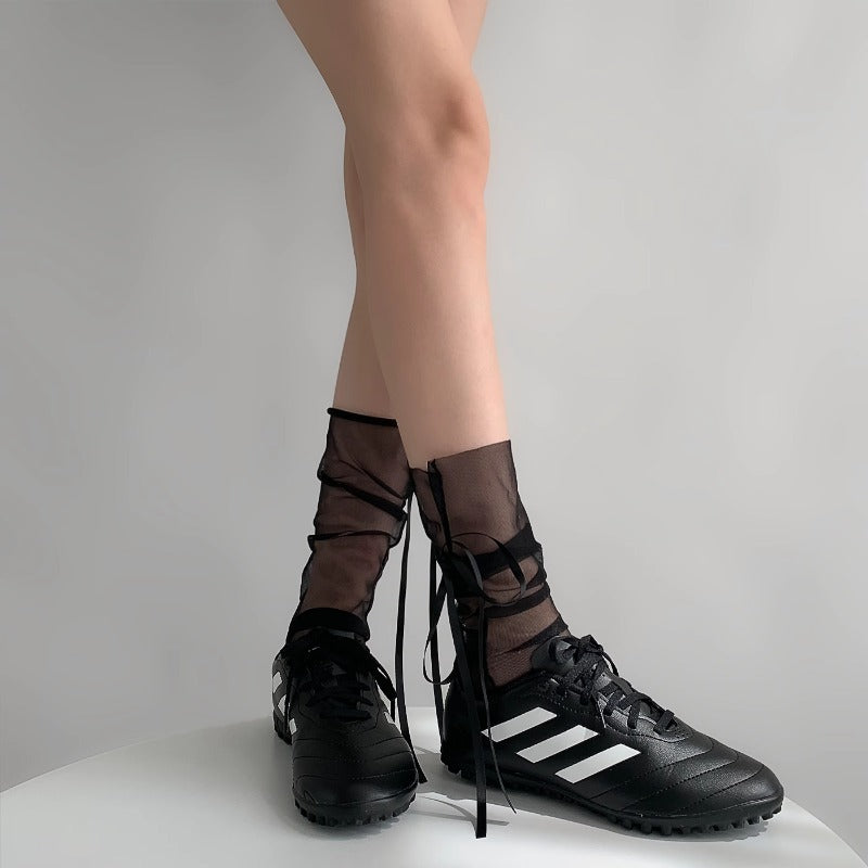 Gothic Lace-Up Sheer Mesh Ankle Socks