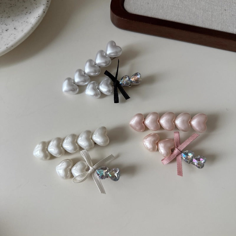 Pearl Heart Bow Clips