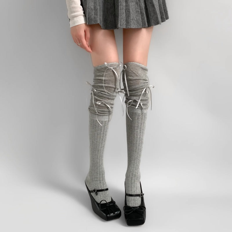 Stylish Gray Over-Knee Ribbon Socks