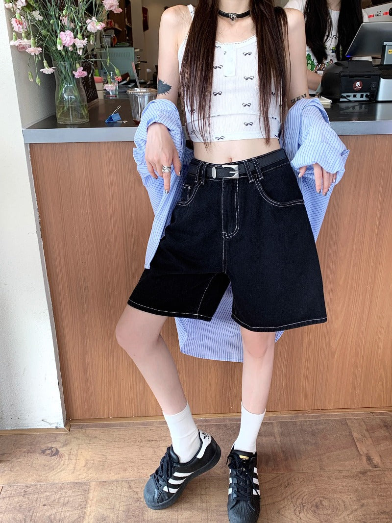 Casual High-Waisted Black Denim Shorts