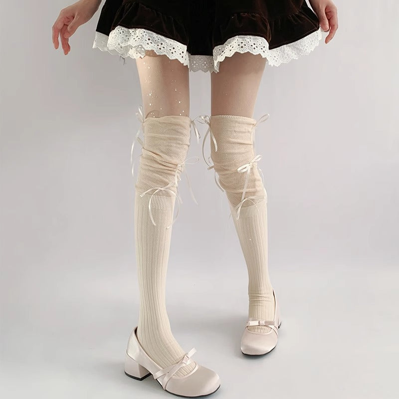 Stylish Gray Over-Knee Ribbon Socks