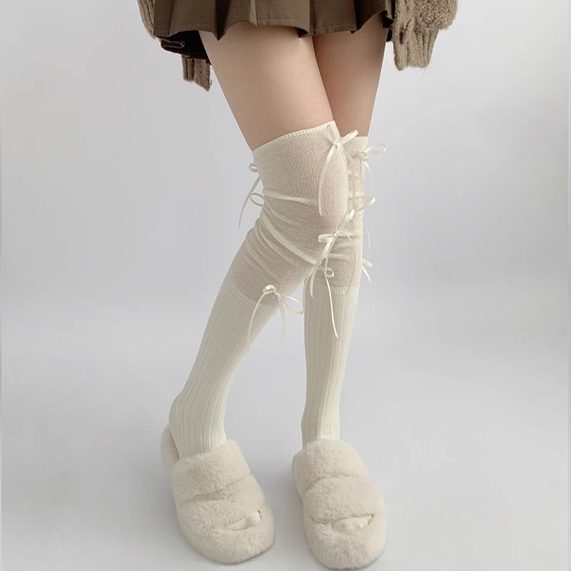 Stylish Gray Over-Knee Ribbon Socks