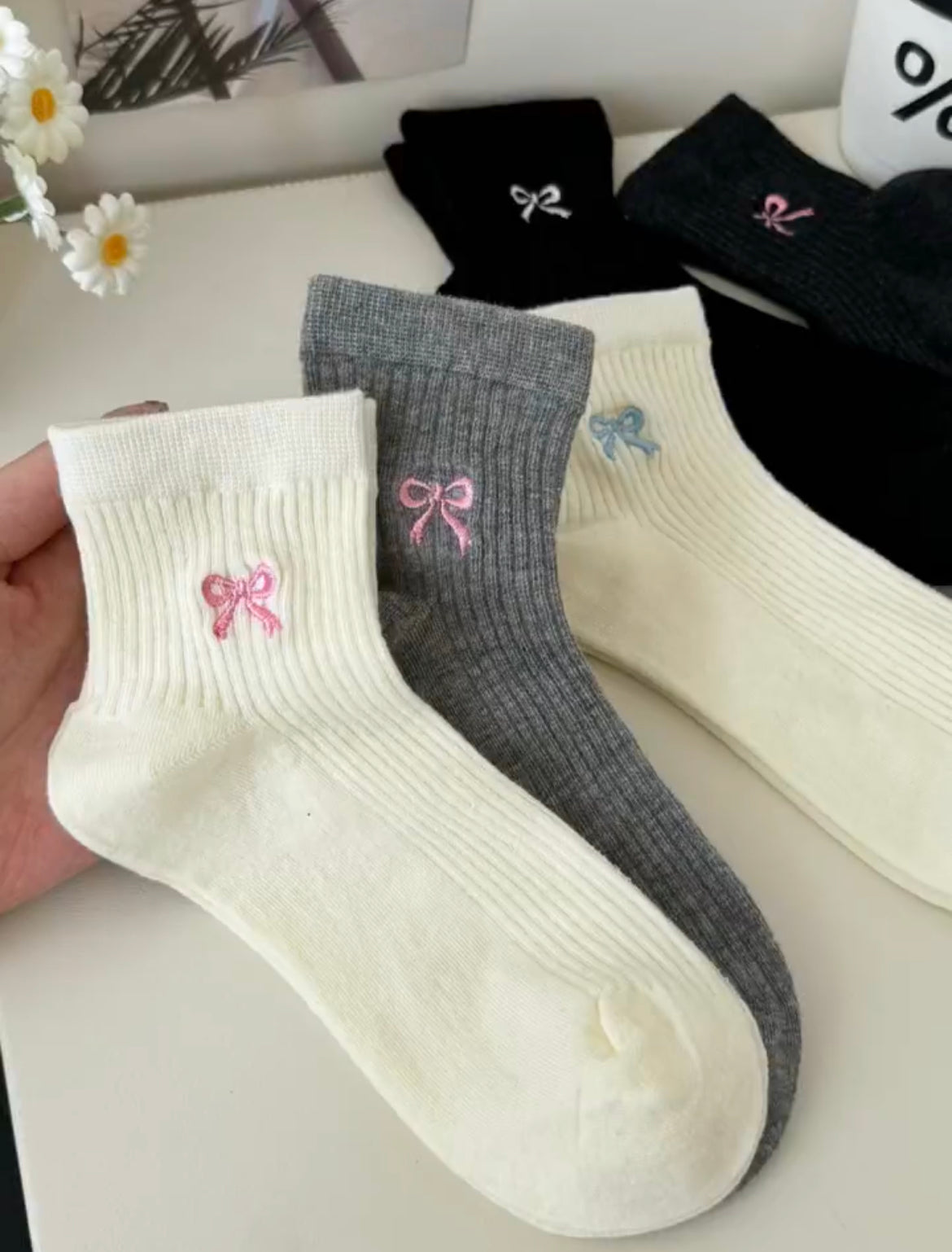 Cozy Bow-Embroidered Cotton Socks