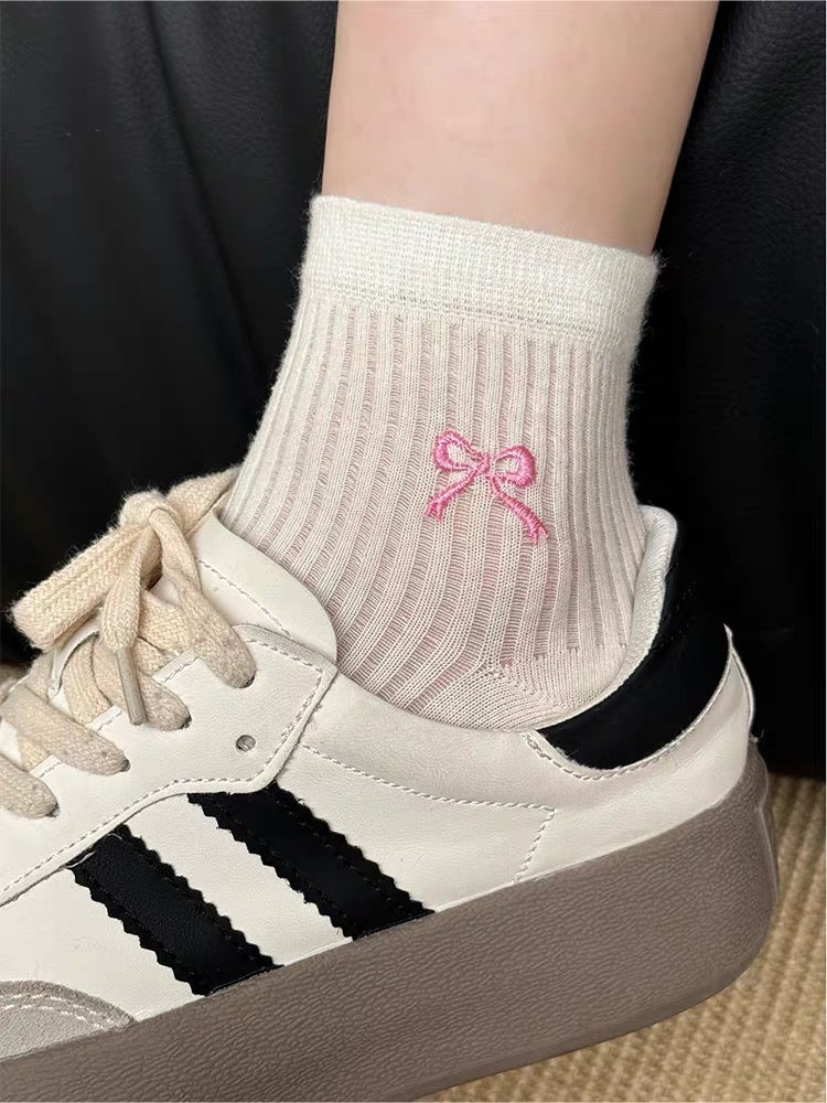 Cozy Bow-Embroidered Cotton Socks