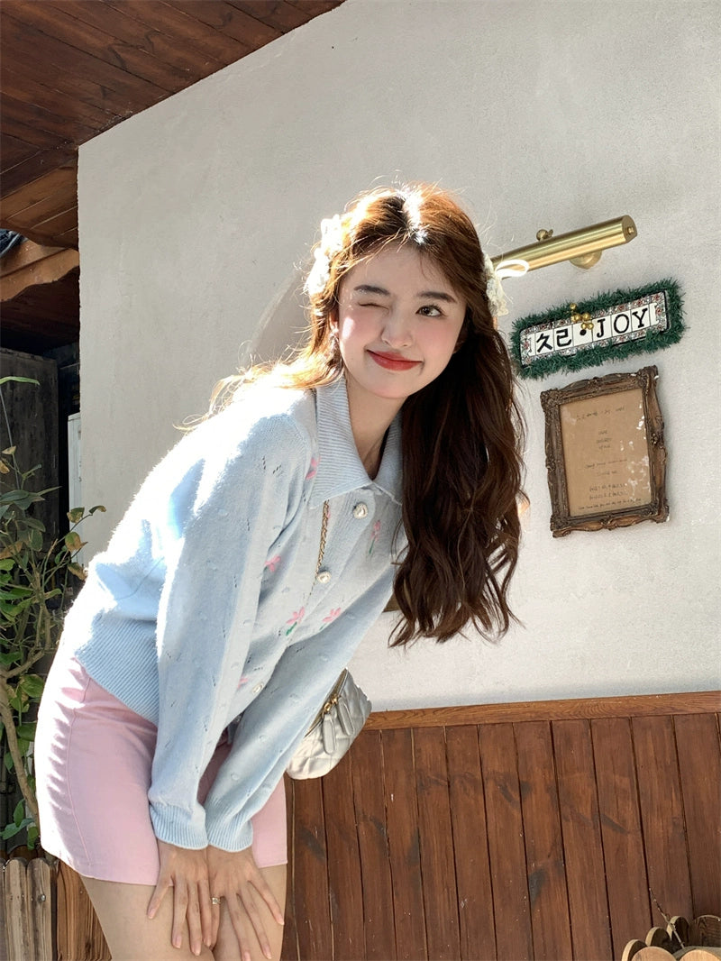 Pink Flower Beige Cardigan