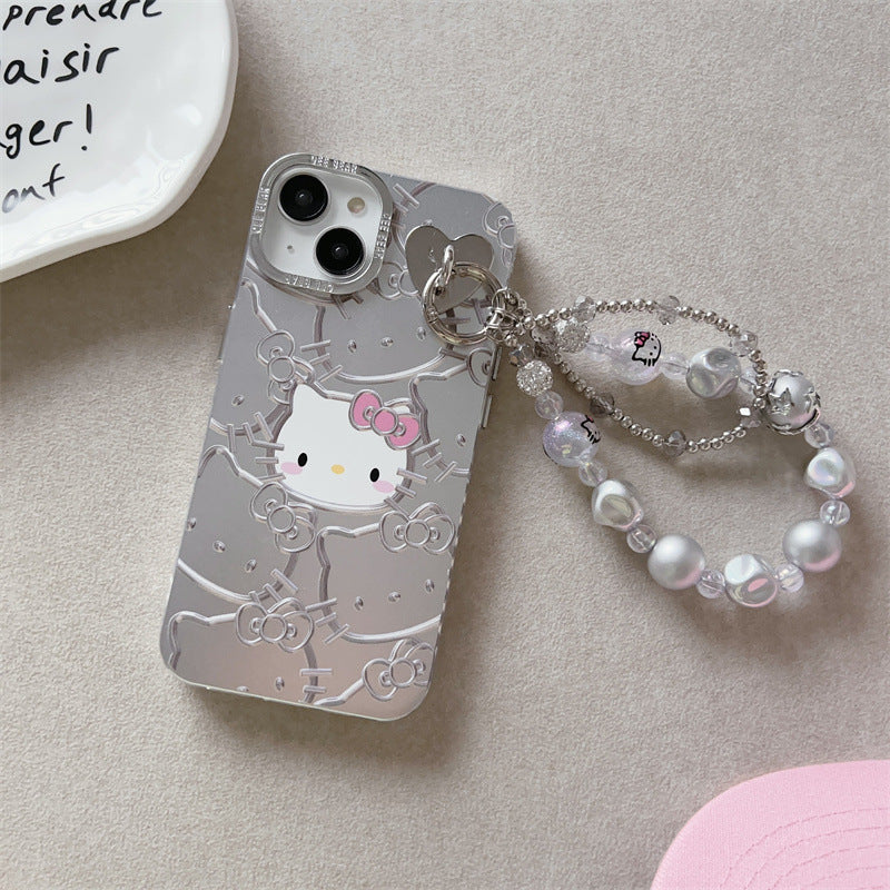 White Kitty Pearl Chain Silver Case