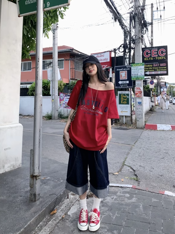 Off Shoulder Oversized Red Tee