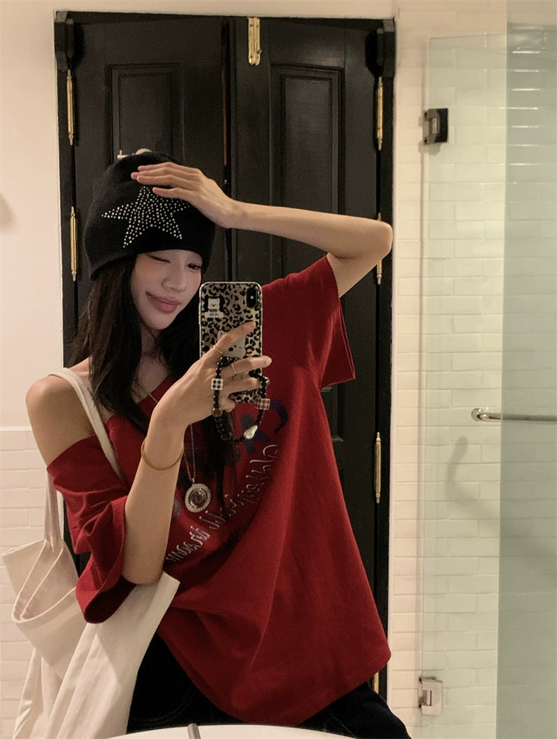 Off Shoulder Oversized Red Tee