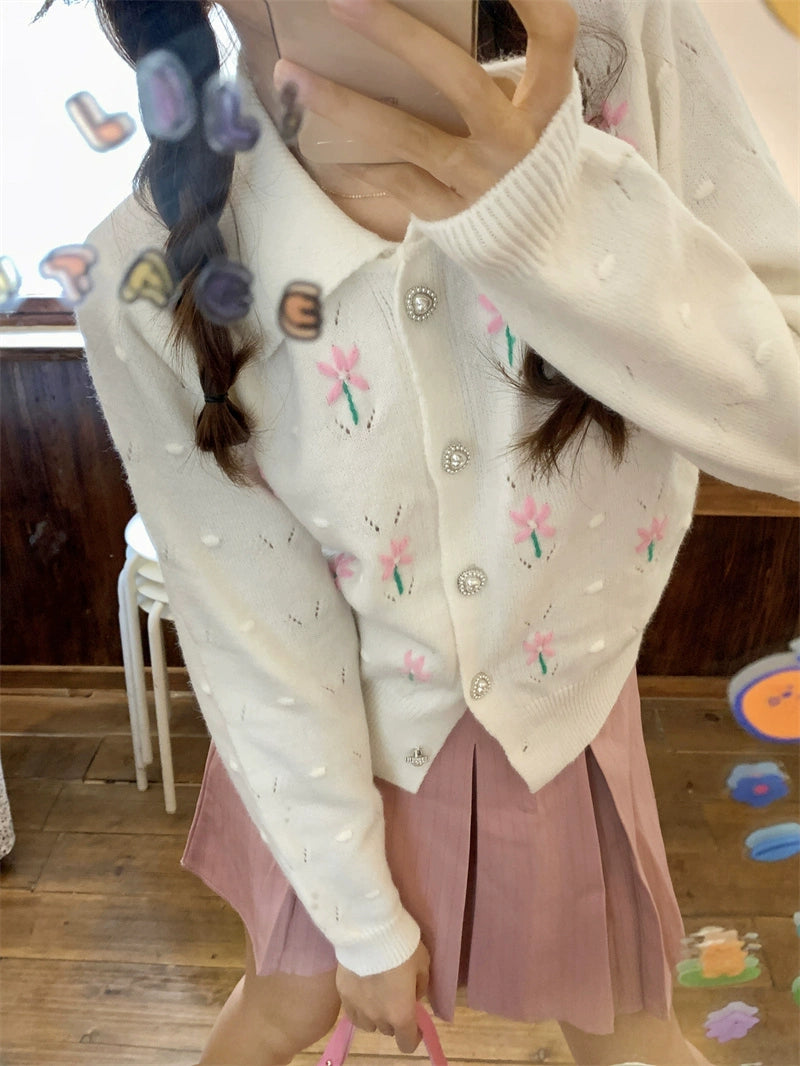 Pink Flower Beige Cardigan