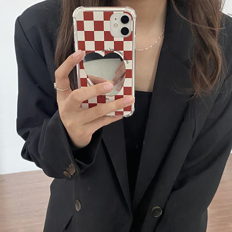 Brown Grid Heart Mirror Case