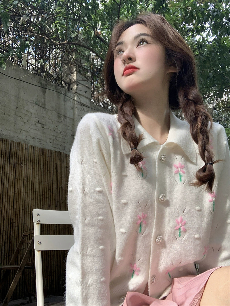Pink Flower Beige Cardigan