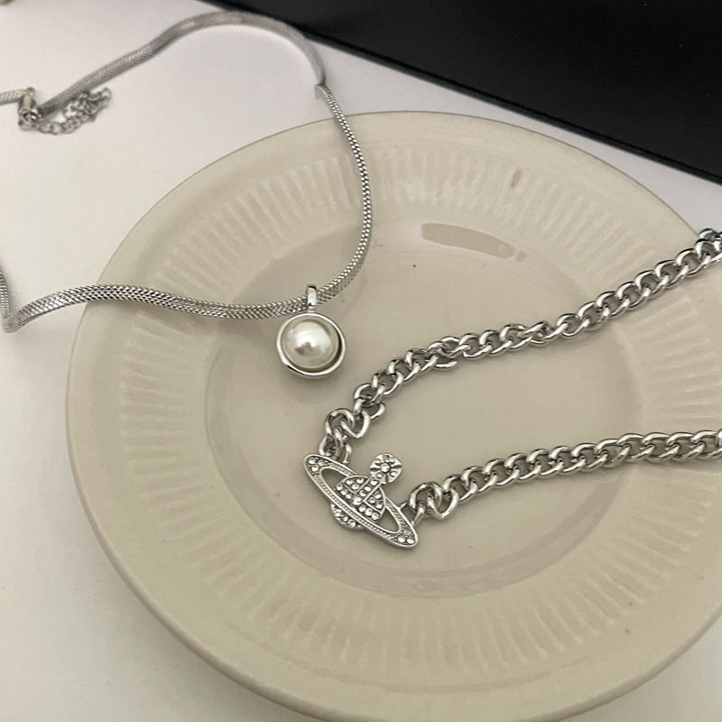Rhinestone Planet with Pearl Layer Necklace