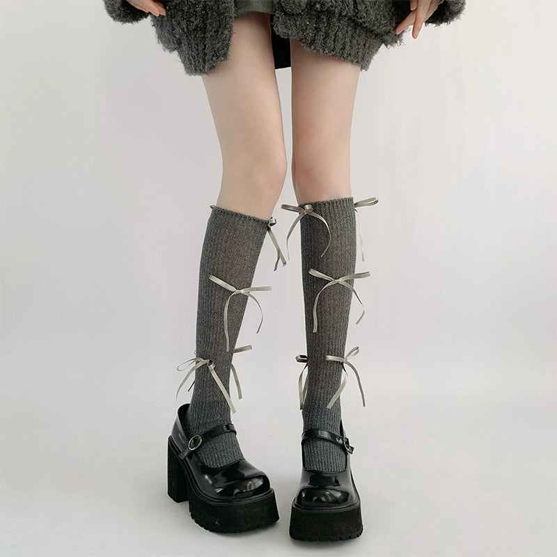 Elegant Cream Ribbed Ballet-Inspired Lace-Up Socks