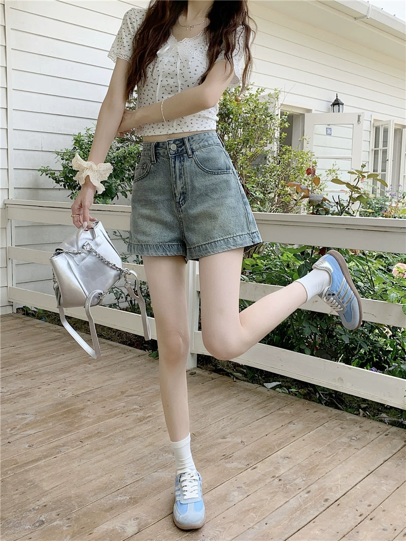 High-Waisted Casual Denim Shorts